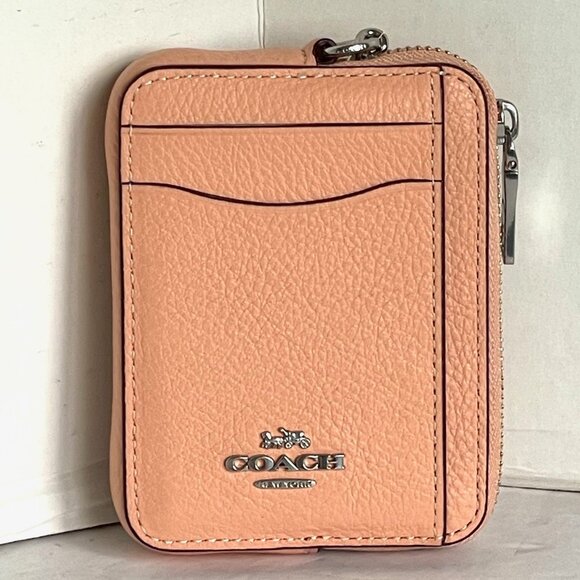Coach Zip Card Case ID Mini Wallet 6303 Pebbled Leather Chain Strap Blush Silver - Picture 6 of 6